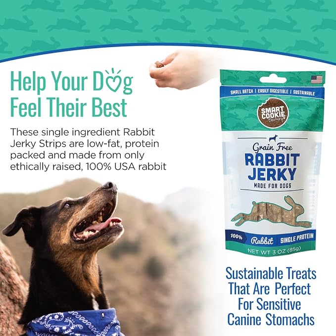 Smart Cookie Single Ingredient Rabbit Jerky Dog Treats - Training Treat Strips for Dogs and Puppies with Allergies, Sensitive Stomachs - Dehydrated, 100% Meat, Grain Free, Made in USA - 3oz, Pack of 1