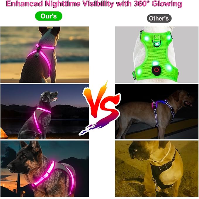 Visinite LED Dog Harness, USB Rechargeable Light Up Dog Harness Vest, 2 Illuminate Modes Glow in The Dark Dog Harness, Adjustable Lighted Dog Harness Light for Night Walking Safety (Pink, Small)