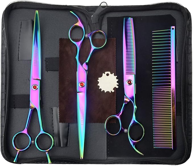 LILYS PET Professional PET Grooming Scissors Kit,Coated Titanium,Sharp and Strong Stainless Steel Blade for Dogs Cats Hair Cutting,3 Pieces of Scissors with a Comb and a Case (7.5 inches, Rainbow)