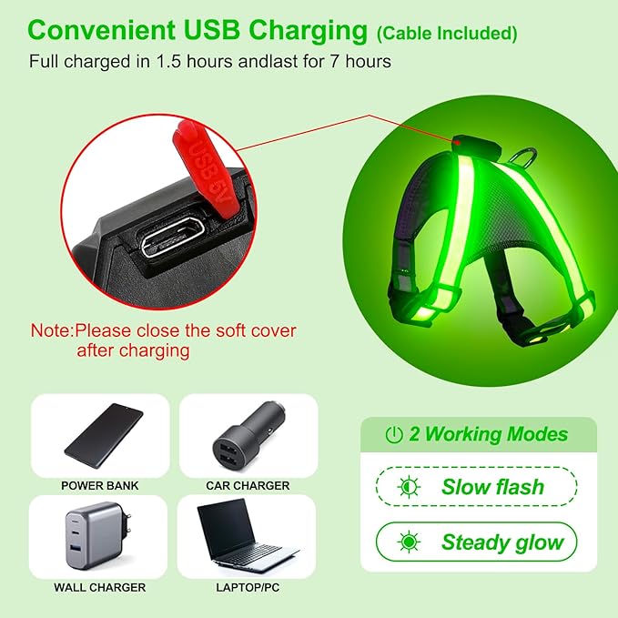 Visinite LED Dog Harness, USB Rechargeable Light Up Dog Harness Vest, 2 Illuminate Modes Glow in The Dark Dog Harness, Adjustable Lighted Dog Harness Light for Night Walking Safety (Green, Small)