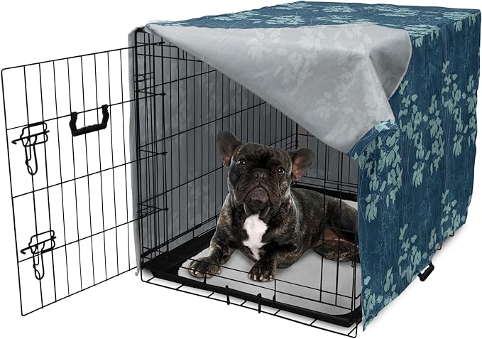 Lunarable Blue Floral Dog Crate Cover, Abstract Leaves and Outlines Rural Field Garden Foliage Art, Easy to Use Pet Kennel Cover for Cats & Medium Dogs, 24 Inch, Green Night