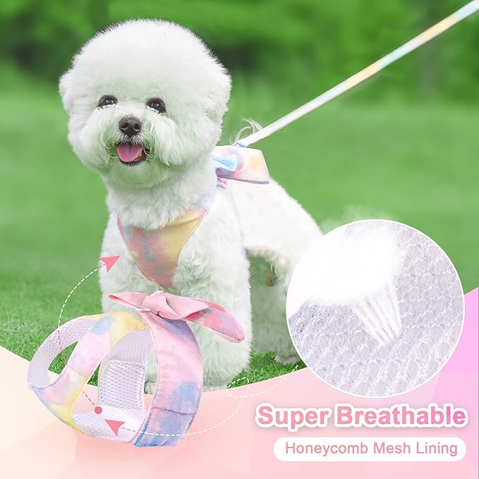 PETCARE Cute Bow Tie Dog Harness and Leash Set Elegant Rainbow Gradient Puppy Harness No Pull Soft Mesh Pet Cat Dog Vest Harnesses for Small Dogs Cats, Yellow