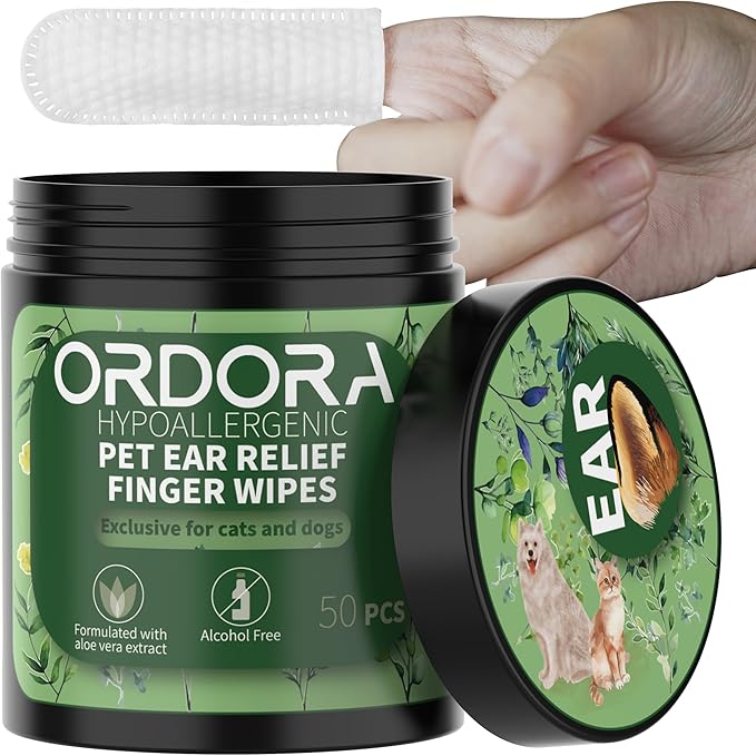 ORDORA PET Ear Finger Wipes for Dogs & Cats -50 Pcs - Gently Remove Ear Wax, Debris - Sooths & Deodorizes - Relieve Ear Itching & Inflammation