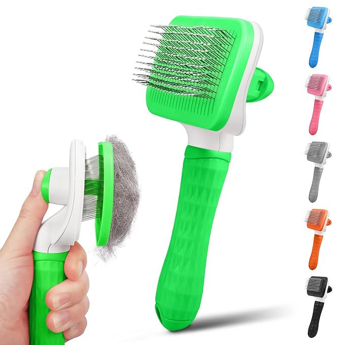 Dog & Cat Brush, Self Cleaning Slicker Brush for Pets, Upgraded Dog Brush for Shedding Massaging and Grooming, Removes Loose Undercoat & Portable Comb for Long Short Haired Dogs(Green)