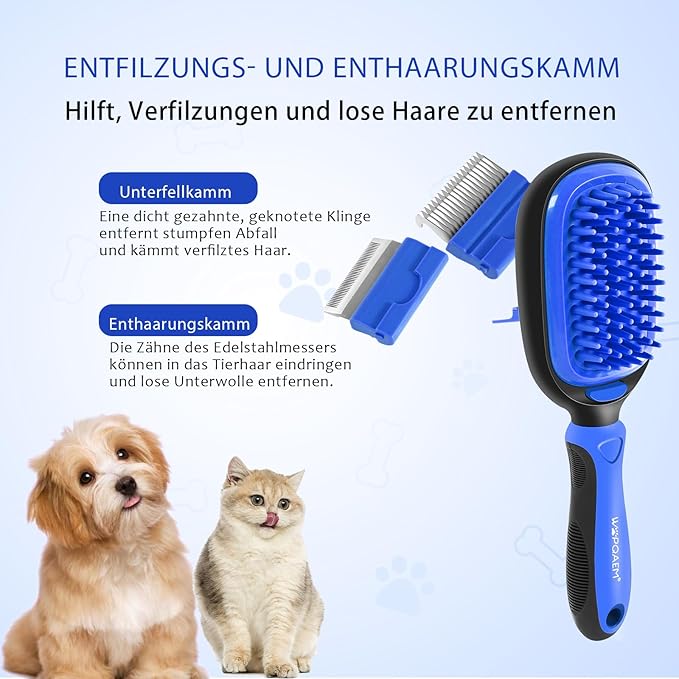Dog Grooming Brush Kit 5-in-1 with Interchangeable Heads – Ideal for Medium & Large Dogs and Cats with Medium to Long Hair – Reduces Shedding, Removes Tangles, and Controls Loose Fur. Blue
