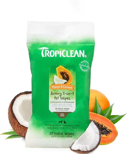 TropiClean Dog Wipes for Paws, Butt, Face, and Body, Anytime Cleaning and Deodorizing Pet Wipes, Safe for Licking, Papaya Scent, Cat Safe, 20ct