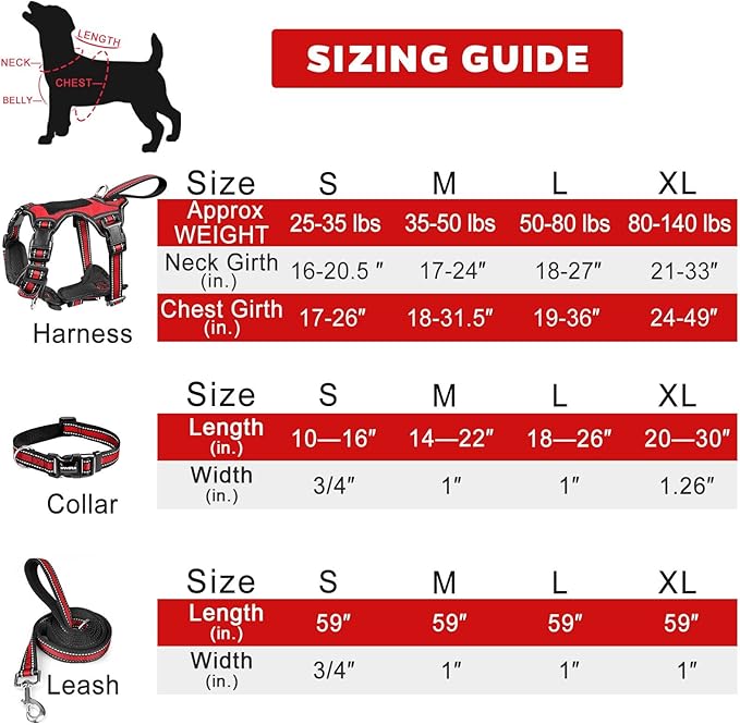 WINSEE Pet Harness Collar and Leash Set, All-in-one Reflective Dog Harness No Pull with Adjustable Buckles for Puppies, Small, Medium, Large, and Extra-Large Dogs (Large, Red)