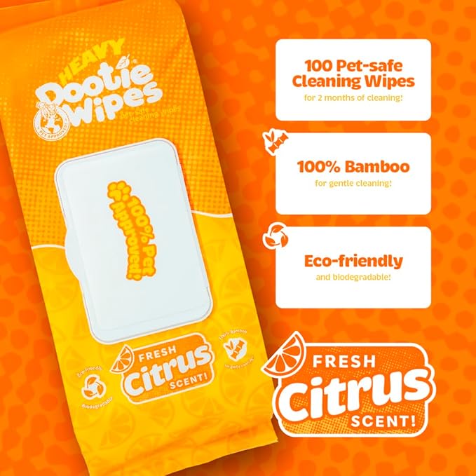 HEAVY Dootie Wipes - Convenient Durable Dog Wipes for Paws, Butt with Very Mild Pleasant Citrus Scent, 100 Count - Puppy Essentials Pet wipes, Dog Wipes Cleaning and Deodorizing. Made with Bamboo.