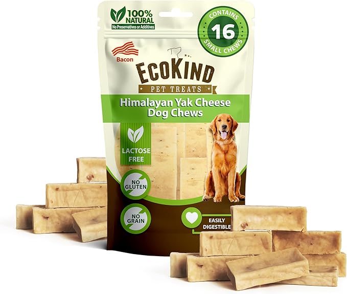 EcoKind Premium Gold Yak Cheese Himalayan Dog Chews, Healthy Dog Treats for Small Dogs, All Natural, High Protein Dog Chew, Bacon, Small - 16 Chews
