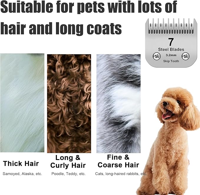 7 Skip Tooth Detachable Pet Dog Grooming Steel Blades,Compatible with Andis,Oster A5,Wahl KM10 Series Clippers,Cut Length 1/8-Inch (3.2mm) ,3 Pack
