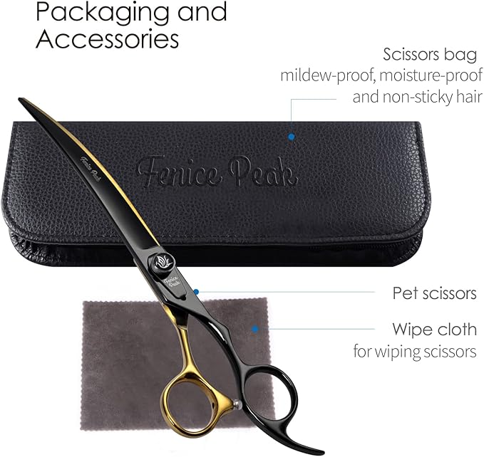 Fenice Peak 7'' Black Dog Grooming Scissors Goldern Curved Scissors with Ergonomic Offest Handle and Pattern Screw Pet Grooming Trimming Shears Durable and Sharp 440C