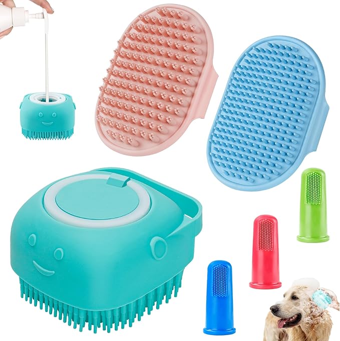 Comotech 3PCS Dog Bath Brush | Dog Shampoo Brush | Dog Scrubber for Bath | Dog Bath Brush Scrubber | Dog Shower/Washing Brush with Adjustable Ring Handle for Short & Long Hair (Blue Pink Blue)
