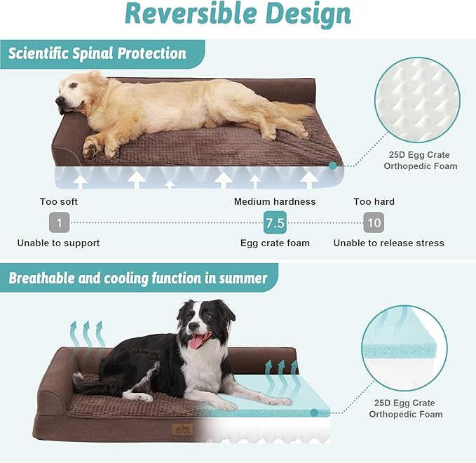 Orthopedic Dog Bed for Large Dogs,Washable Dog Sofa Beds Large, Supportive Foam Pet Couch Bed with Removable Washable Cover, Waterproof Lining and Nonskid Bottom, Brown (L,42" L x 30" W x 7.5" Th)