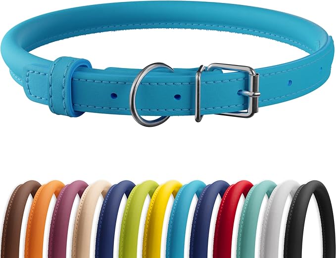 CollarDirect Rolled Leather Dog Collar, Soft Padded Round Puppy Collar, Handmade Genuine Leather Collar Dog Small Large Cat Collars 13 Colors (9-12 Inch, Blue Smooth)