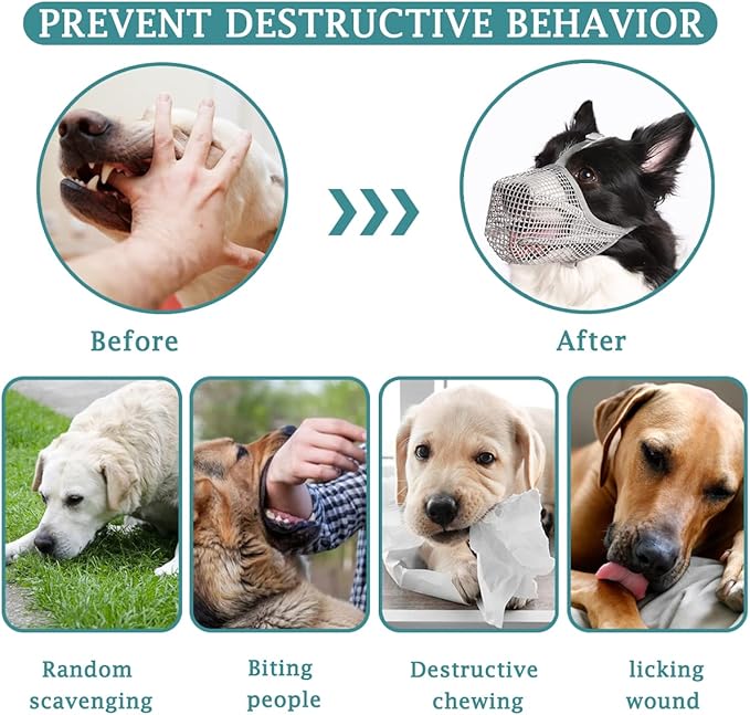 Mayerzon Dog Muzzle, Soft Mesh Covered Muzzles for Small Medium Large Dogs, Poisoned Bait Protection Muzzle with Adjustable Straps, Prevent Biting Chewing and Licking Grey