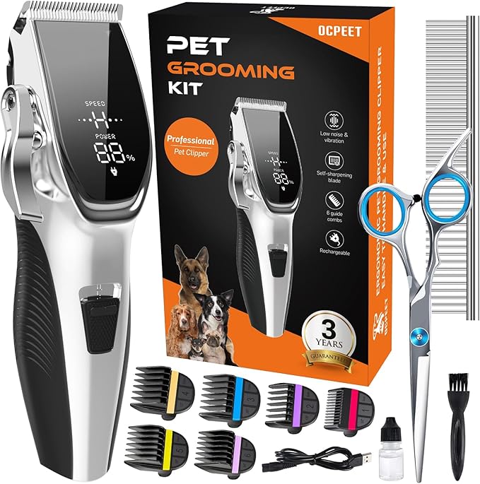 Dog Grooming Kit Low Noise,Cordless 4 in 1 Dog Clippers for Grooming Rechargeable Pet Cat Hair Trimmer with 2 Speed,6 Guards,Scissors,Comb for Small Medium Large Pets Dogs Cats Thick Hair Cutting