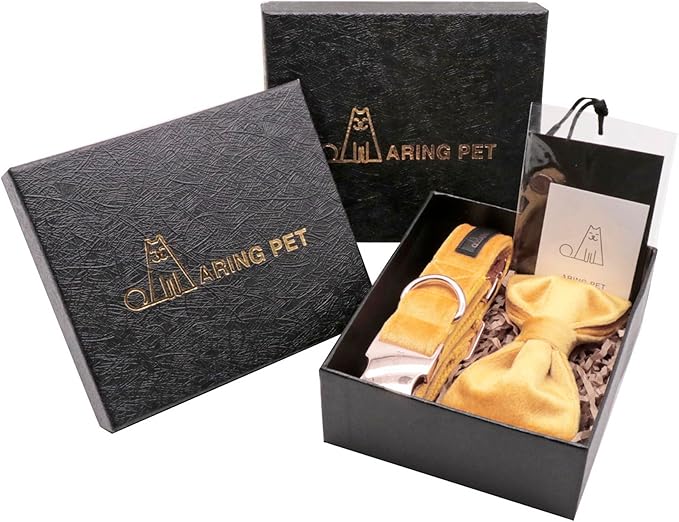 ARING PET Bowtie Dog Collar-Velvet Dog Collars with Detachable Bowtie, Adorable&Soft Yellow Dog Collar.