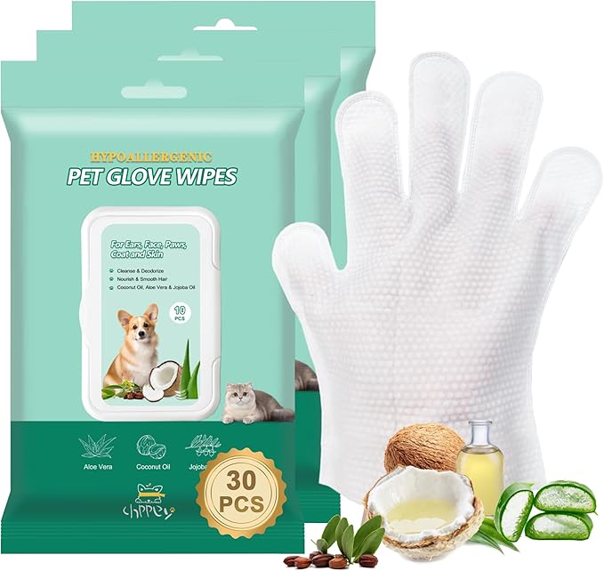 Pet Cleaning and Deodorizing Bathing Grooming Glove Wipes for Dogs and Cats, Extra Thick Nourish Fur No-Rinse Grooming Wipes for Daily Care and Travel, Hypoallergenic, 30 pcs