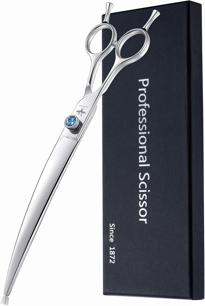 PURPLEBIRD 8 Inch Left Handed Downward Curved Dog Grooming Scissors Professional Pet Cutting Shears Safety Noiseless Blunt Tip Trimming Shearing for Dogs Cats Japanese Stainless Steel Silver