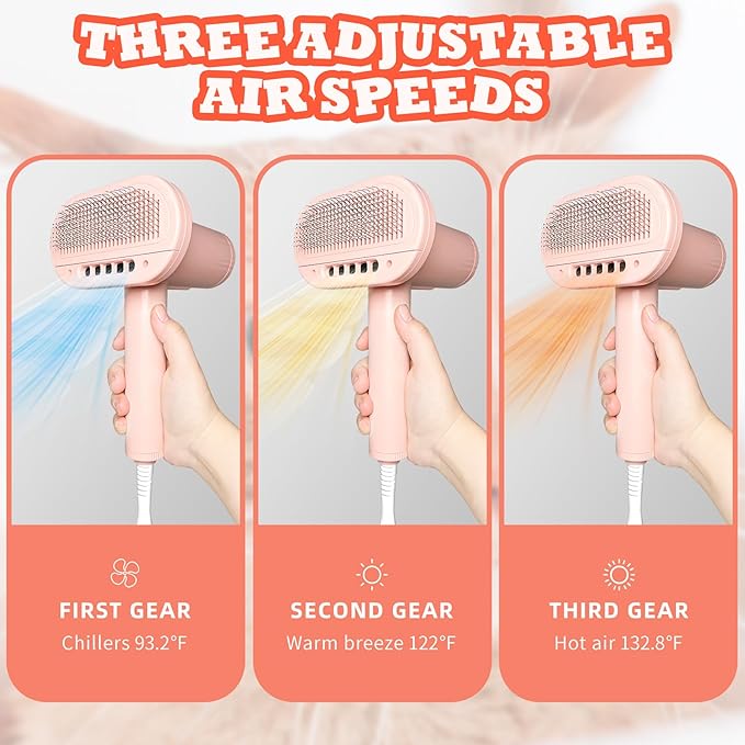 2-in-1 Pet Grooming Dryer and Brush - Overheating Protection, 3 Blowing Modes, Low Noise - Ideal for Small and Medium Dogs/Cats - Slim Handle (PINK)