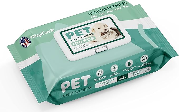 MAGICARE Dog Wipes for Paws, Butt, Ears & Eyes – 100 Extra Wet & Thick Unscented Grooming Pet Wipes for Dogs & Cats – Deodorizing, Hypoallergenic – Made in USA