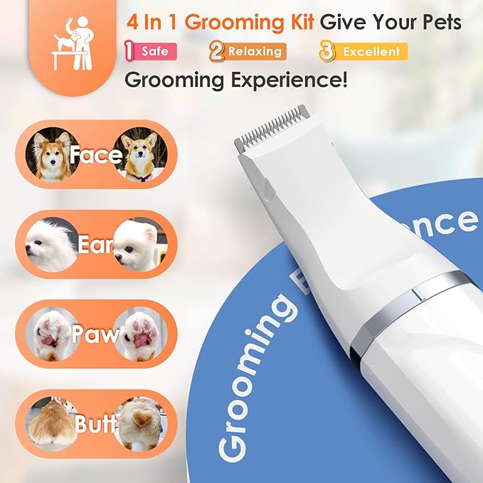 ENERTWIST Dog Clippers Grooming Kit,4 in 1 Low Noise Dog Paw Trimmer and Nail Grinder for Small Pets,Cordless Quiet Cat Grooming Kit for Pet Hair Around Ears, Eyes, Face, Paws