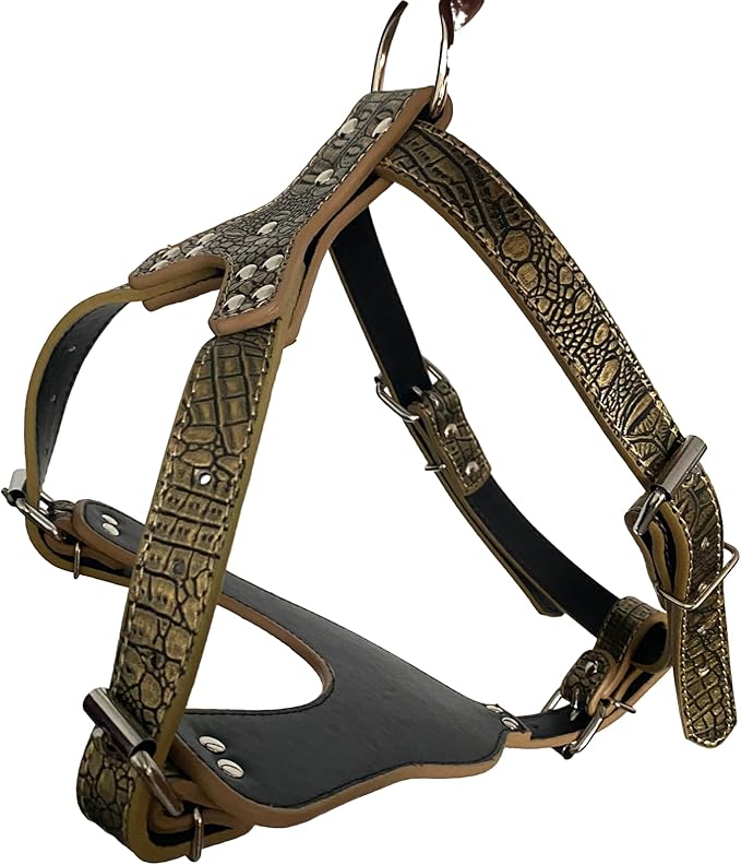 Leather Dog Harness Chest for 26"~34" Large Dogs Pitbull Mastiff Boxer Bully Black/Pink/Red/Gold Brown/Leopard/Brown (Gold Brown)