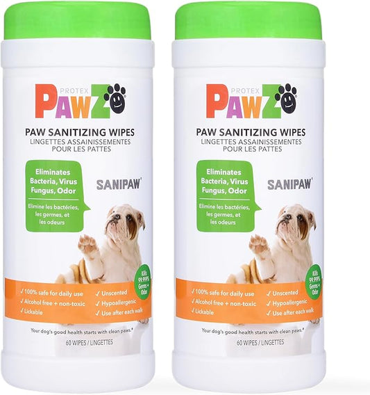 Protex PawZ SaniPaw Odor Eliminating Dog Paw Wipes (120 Wipes) Cleansing Dog Grooming Wipes, Simple & Safe Lickable Ingredients - Paw Cleaner for Dogs, Pet Wipes