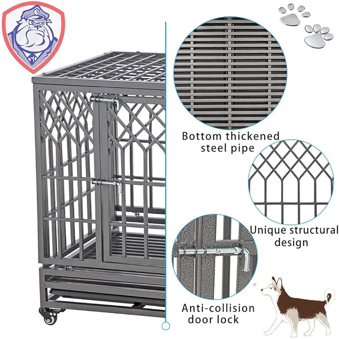 SMONTER 38" Heavy Duty Dog Crate Strong Metal Pet Kennel Playpen with Two Prevent Escape Lock, Large Dogs Cage with Wheels, Y Shape, Dark Silver … …