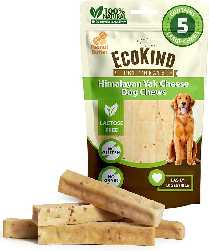 EcoKind Premium Gold Yak Cheese Himalayan Dog Chews, Dog Treats Large Breed, All Natural, High Protein Dog Chew, Peanut Butter, Large - 5 Chews