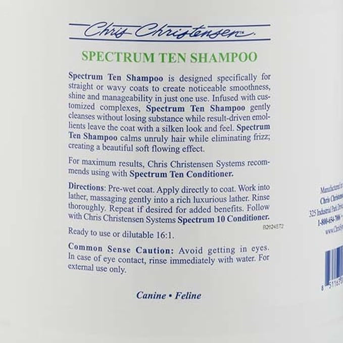 Chris Christensen Spectrum Ten Dog Shampoo, Groom Like a Professional, Gentle Cleansing, Gorgeous Shine, Made in USA, 3.8L