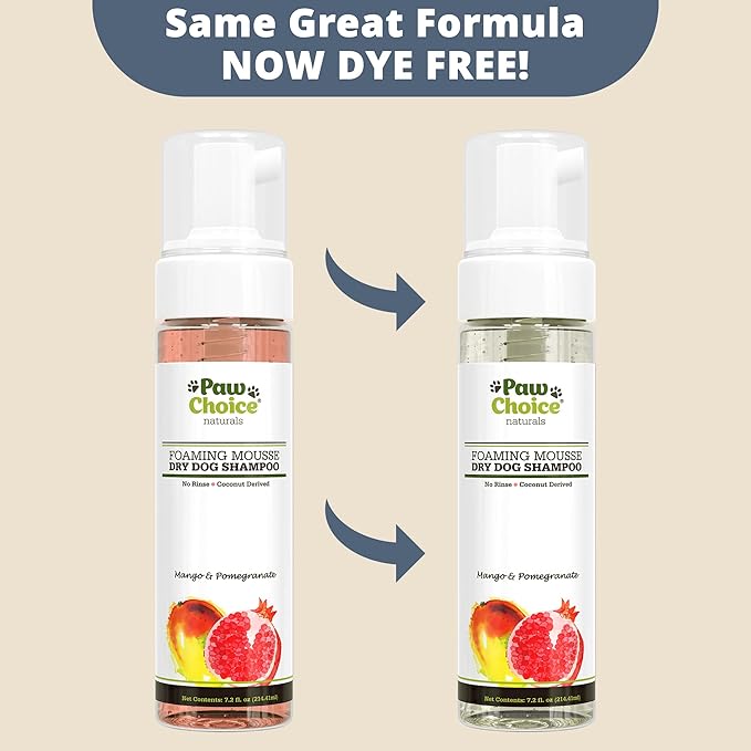 Paw Choice Dry Shampoo for Dogs - Waterless No-Rinse Foam for Odor Removal, Cleaning, Conditioning - Hypoallergenic, Natural - Safe for Sensitive Skin - Made in USA - Mango Pomegranate Scent