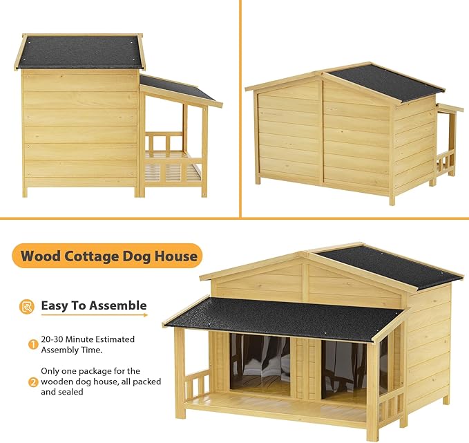 KELRIA 47.2" Dog House, Waterproof Dog Kennel, Wooden Outdoor and Indoor Dog House, Log Cabin Style with Porch,Elevated Floor, 2 Doors, Pine Wood + Natural