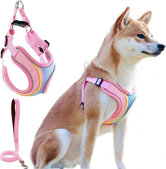 No Pull Dog Harness with Leash Set All Weather Soft Padded Mesh Reflective X Shape Adjustable Step in Vest Harness for Small and Medium Dogs Big Cat S Pink