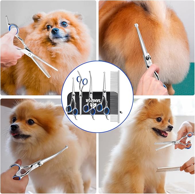 Dog Grooming Scissors, 6-in-1 Professional Dog Grooming Kit, 4CR Stainless Steel Dog Scissors for Grooming, Heavy Duty Grooming Scissors with Safety Round Tips, Pet Grooming Kit for Dogs at Home