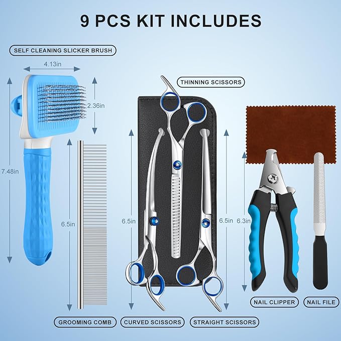 Odoland Dog Grooming Scissors Set Include Dog Slicker Brush, Pet Nail Clippers, Safety Round Tip Pet Grooming Shears for Kit Small Dogs Large Dog and Cats