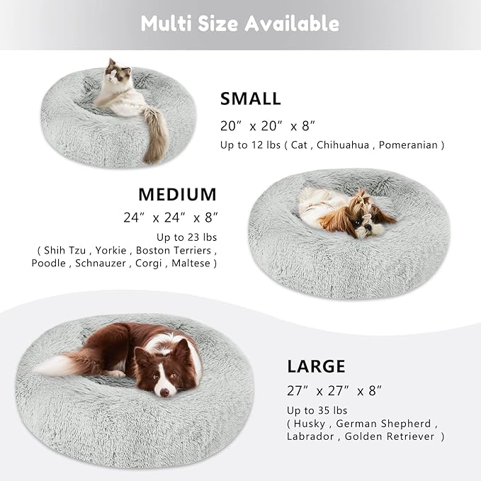 【2021 Upgraded】 Western Home Round Dog Bed for Small Dogs, Calming Donut Cuddler Pet Bed,Fluffy Plush Faux Fur Cat Bed(24", Grey)
