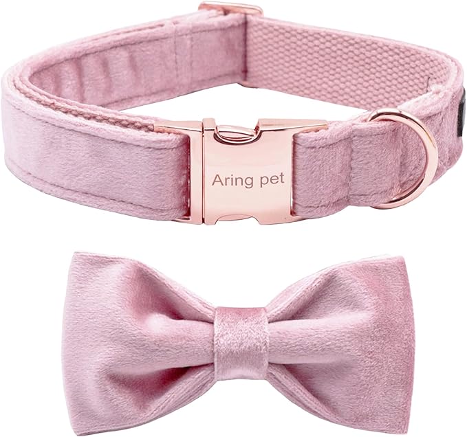 ARING PET Velvet Dog Collars with Bow tie, Bowtie Dog Collar, Cute Pink Collar for Girl and Boy Dogs,Large.