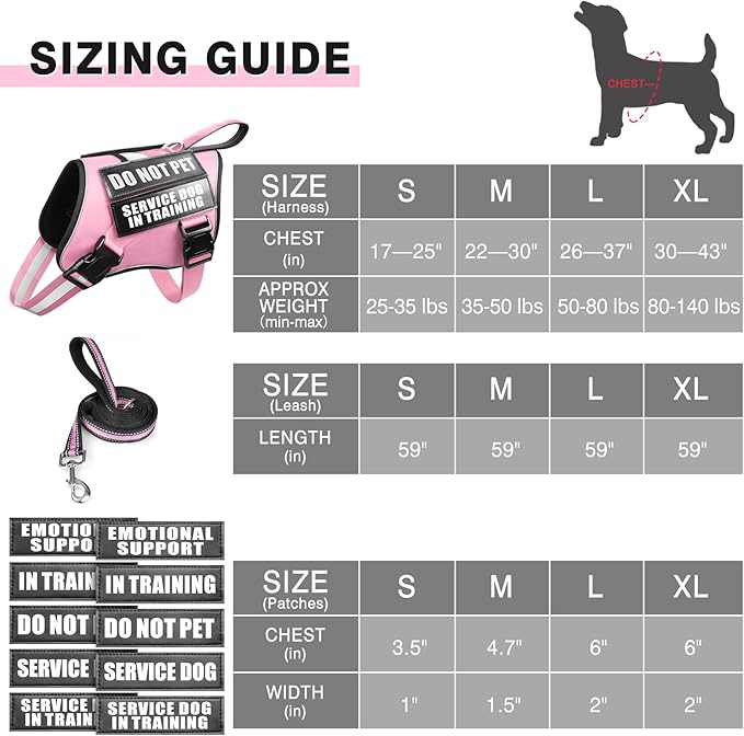 Service Dog Harness and Leash Set, Training Dog Vest with 10 Dog Patches, Emotional Support Therapy Dog Vest Harness for Small Medium Large and Extra Large Dogs(Pink, L)