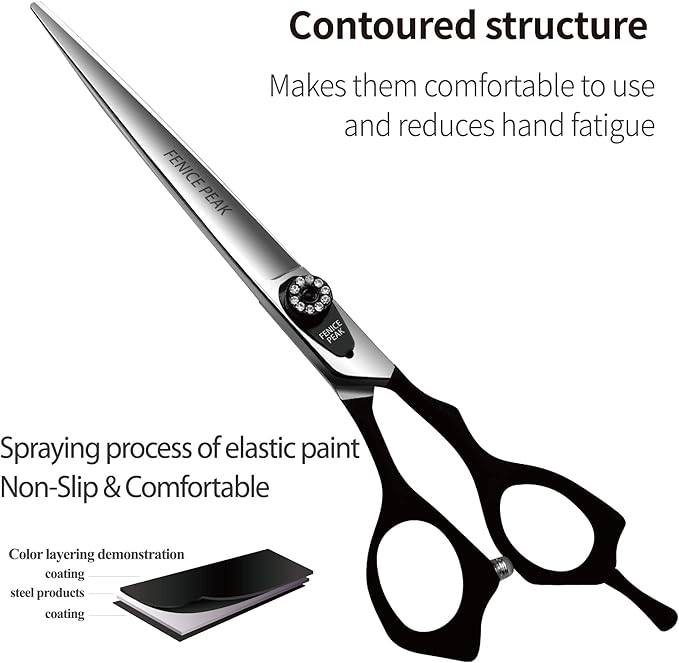 Fenice Peak 7'' Dog Straight Scissors for Grooming Heavy and Anti-Slip Black Handler 440C Stainless Steel Professional Pet Trimming Scissors Sharp Blades Cutting for Dogs and Cats