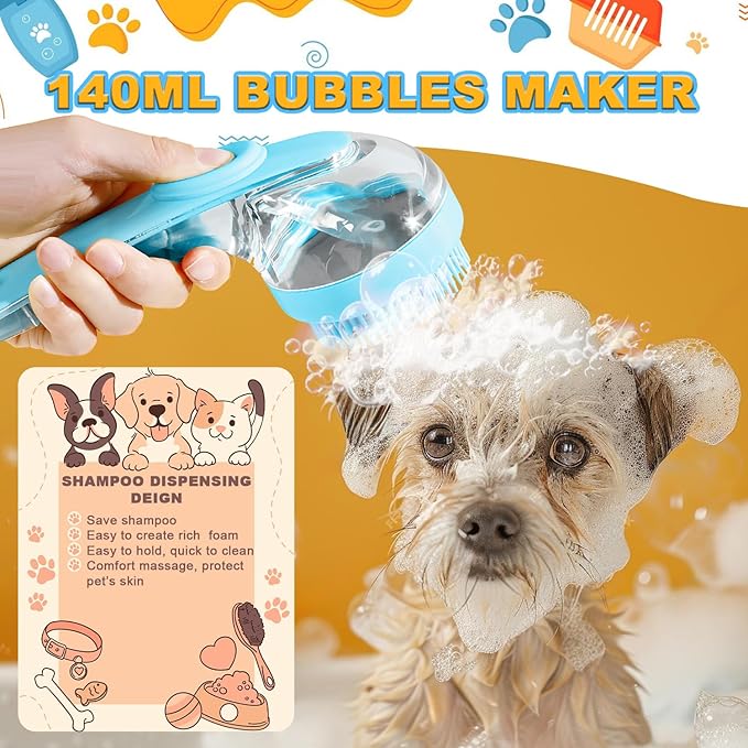 3Pcs Dog Bath Brush, Dog Scrubber for Bath, Dog Shampoo Brush Bubble Maker, Dog Paw Washer, dog grooming Massage Brush with Adjustable Ring Handle, dog accessories for Short & Long Hair -Blue