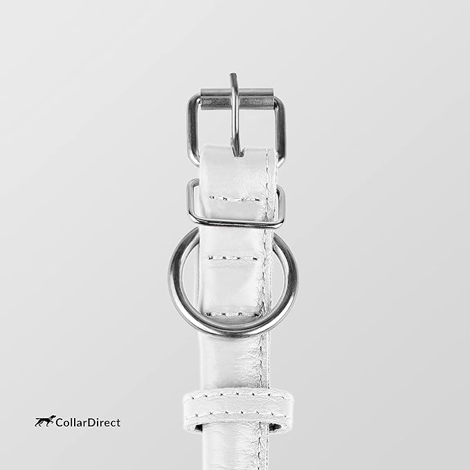 CollarDirect Rolled Leather Dog Collar, Soft Padded Round Puppy Collar, Handmade Genuine Leather Collar Dog Small Large Cat Collars 13 Colors (15-19 Inch, White Textured)