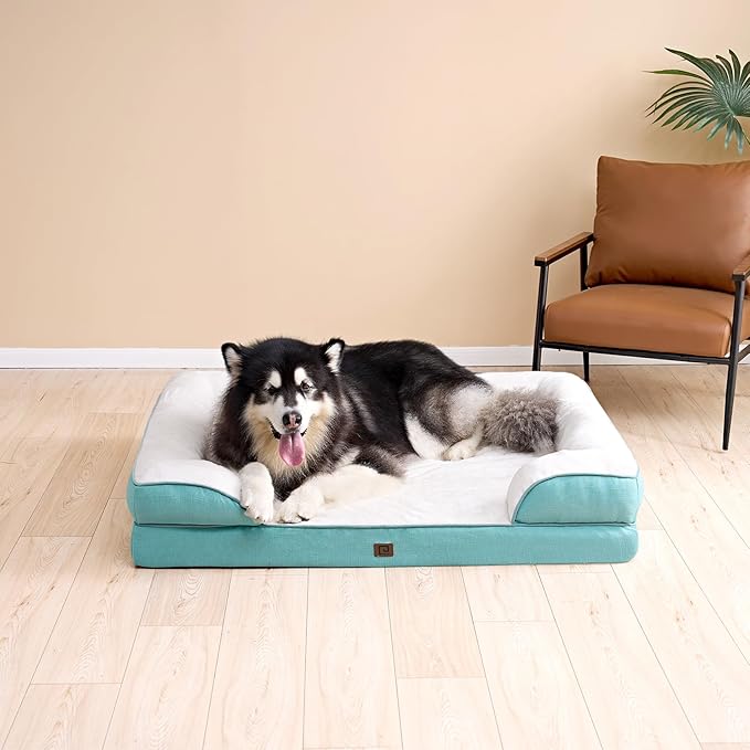 EHEYCIGA Orthopedic Dog Beds for Extra Large Dogs, Waterproof Memory Foam XL Dog Bed with Sides, Non-Slip Bottom and Egg-Crate Foam Big Dog Couch Bed with Washable Removable Cover, Turquoise Blue