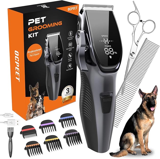 Dog Grooming Kit Low Noise,Cordless 4 in 1 Dog Clippers for Grooming Rechargeable Pet Cat Trimmer with 2 Speed,6 Guards,Scissors,Comb for Small Medium Large Pets Dogs Cats Thick Hair Cutting (Pewter)