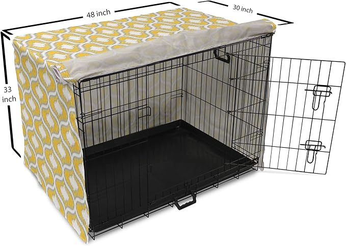 Lunarable Mustard Dog Crate Cover, Eastern Ikat Style Pattern with Modern Blurry Color Distortion Effects, Easy to Use Pet Kennel Cover for Medium Large Dogs, 48 Inch, Grey Yellow