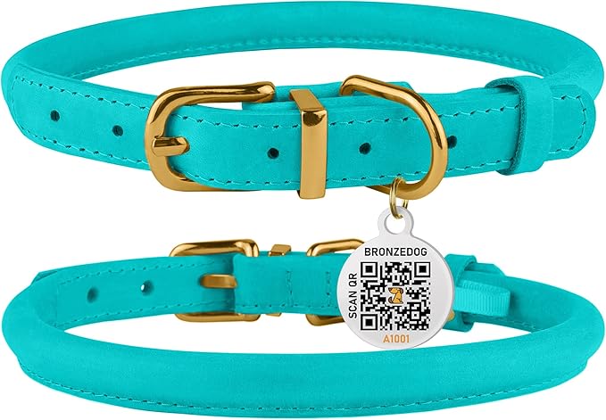 BRONZEDOG Rolled Leather Dog Collar with QR ID Tag Adjustable Soft Round Collars for Small Medium Large Dogs Puppy Cat (14" - 16" Neck Size, Turquoise)