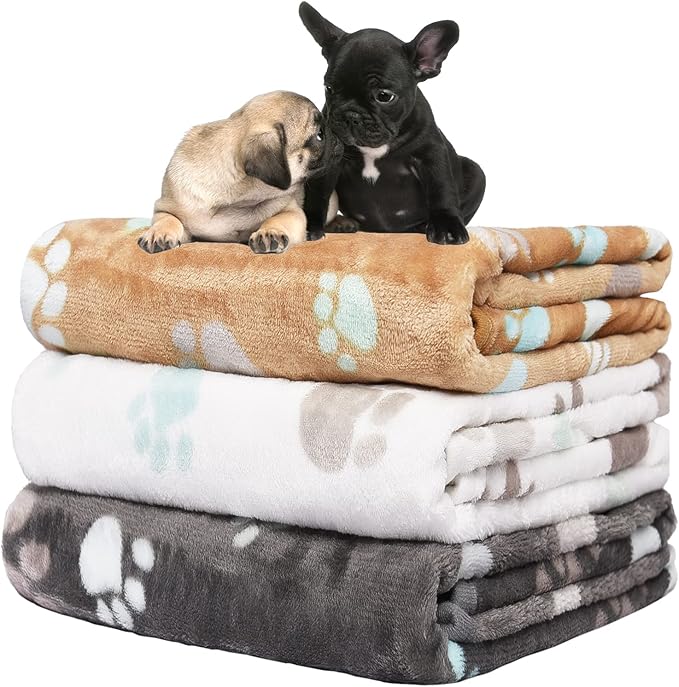 1 Pack 3 Blankets for Dogs Super Soft Fluffy Premium Fleece Pet Blanket Dogs Blankets for Dogs Flannel Throw for Dog Puppy Cat Paw Blanket,Grey/Brown/White,23x16inch