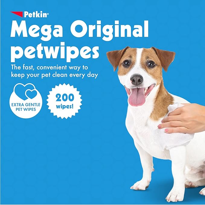 Petkin Mega PetWipes, 200 Wipes - Pet Wipes for Dogs and Cats - For Face, Paws, Ears, Body and Eye Area - Super Convenient Dog Cleaning Wipes, Ideal for Home or Travel - Easy to Use
