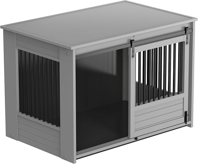 New Age Pet ECOFLEX Barn Door Dog Crate End Table - Grey, X-Large - Durable Wood Plastic Composite with Stainless Steel Latch, Easy Assembly, 10 Year Warranty