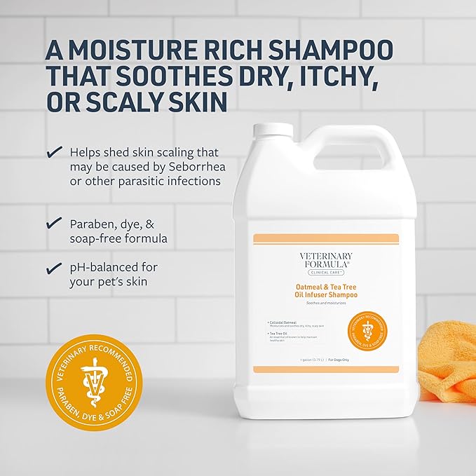 Veterinary Formula Clinical Care Dog Shampoo with Oatmeal and Tea Tree Oil, 128 oz – Fast-Acting, Gentle Medicated Shampoo for Dogs